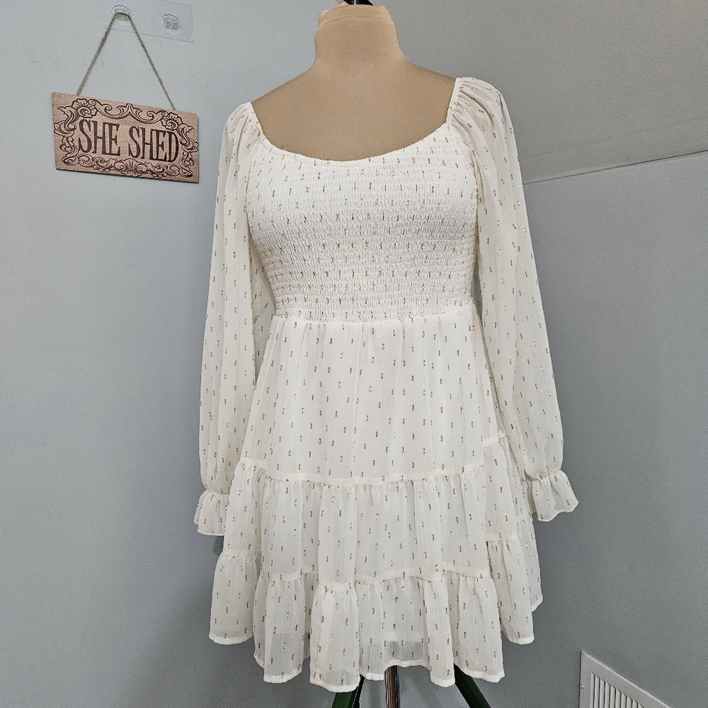 Altar’d State White Smocked Dress Gold Dot Tiered Size M Cottage Fairy Boho - Picture 2 of 14